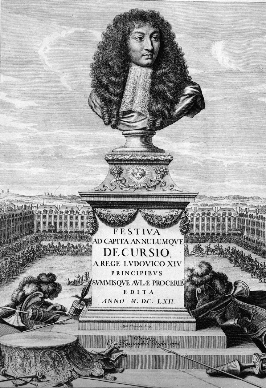 路易十四大帝 (1638-1715) 的半身像 - 在“Festiva ad Capita Cancellumque Decursio, A Rege Ludovico XIV...”中，C. Perrault，Paris Imprimerie Royale 作者 法语学校