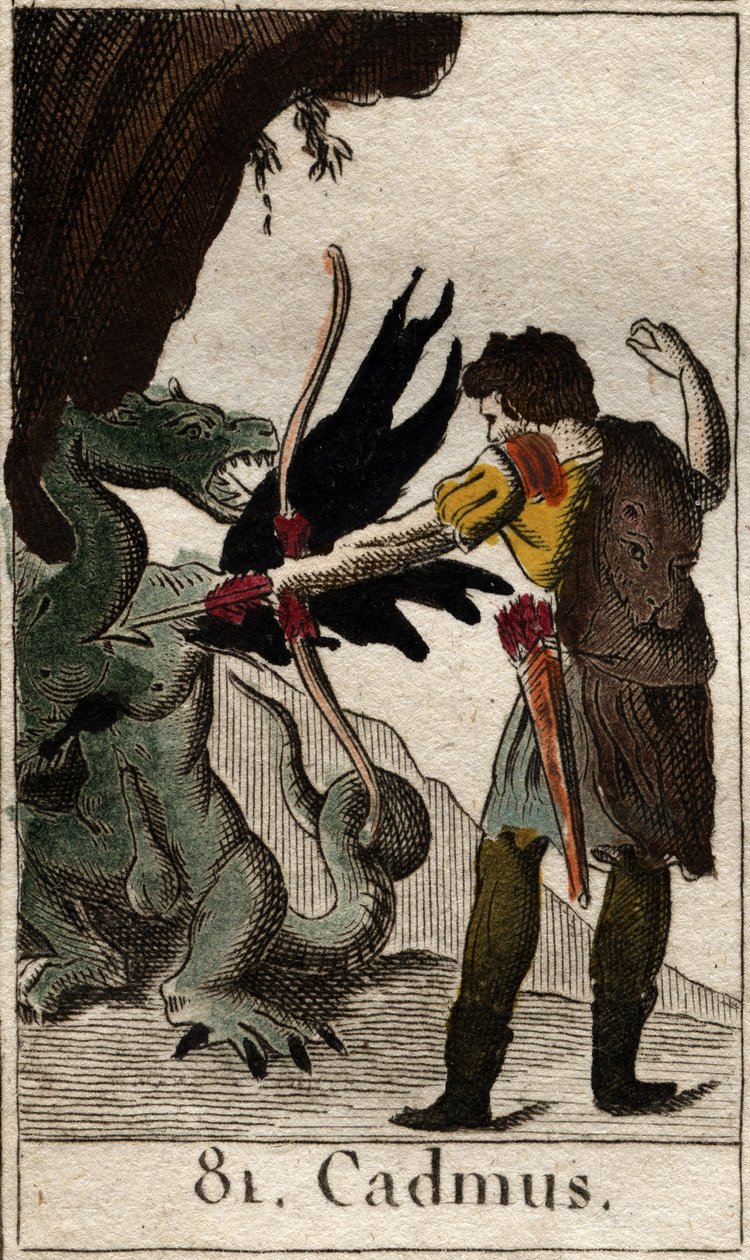 卡德摩斯（Kadmos或Cadmus）杀龙（Cadmus fighting the dragon）。摘自皮埃尔-布兰查德1803年的《青年神话》。 作者 法语学校