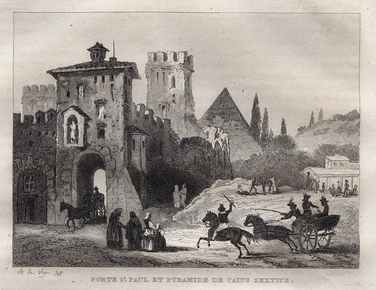 Caius Cestus Pyramid and Gate of St. Paul in Rome Porte Saint Paul and Pyramid of Caius Sextus a Rome - Engraving from "Picturesque Italy" - Historical and Descriptive Painting of Italy" by M. de Norvins, Ch. Nodier 1834-1836. 作者 法语学校