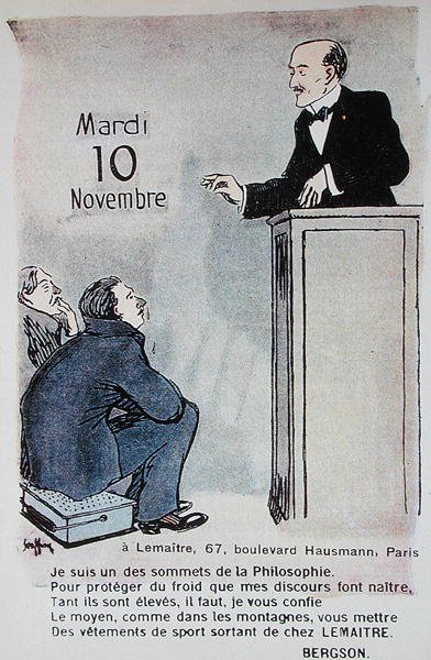 1914年日历，为运动服做广告，上面有法国哲学家亨利-柏格森（1859-1941）的漫画。 作者 法语学校