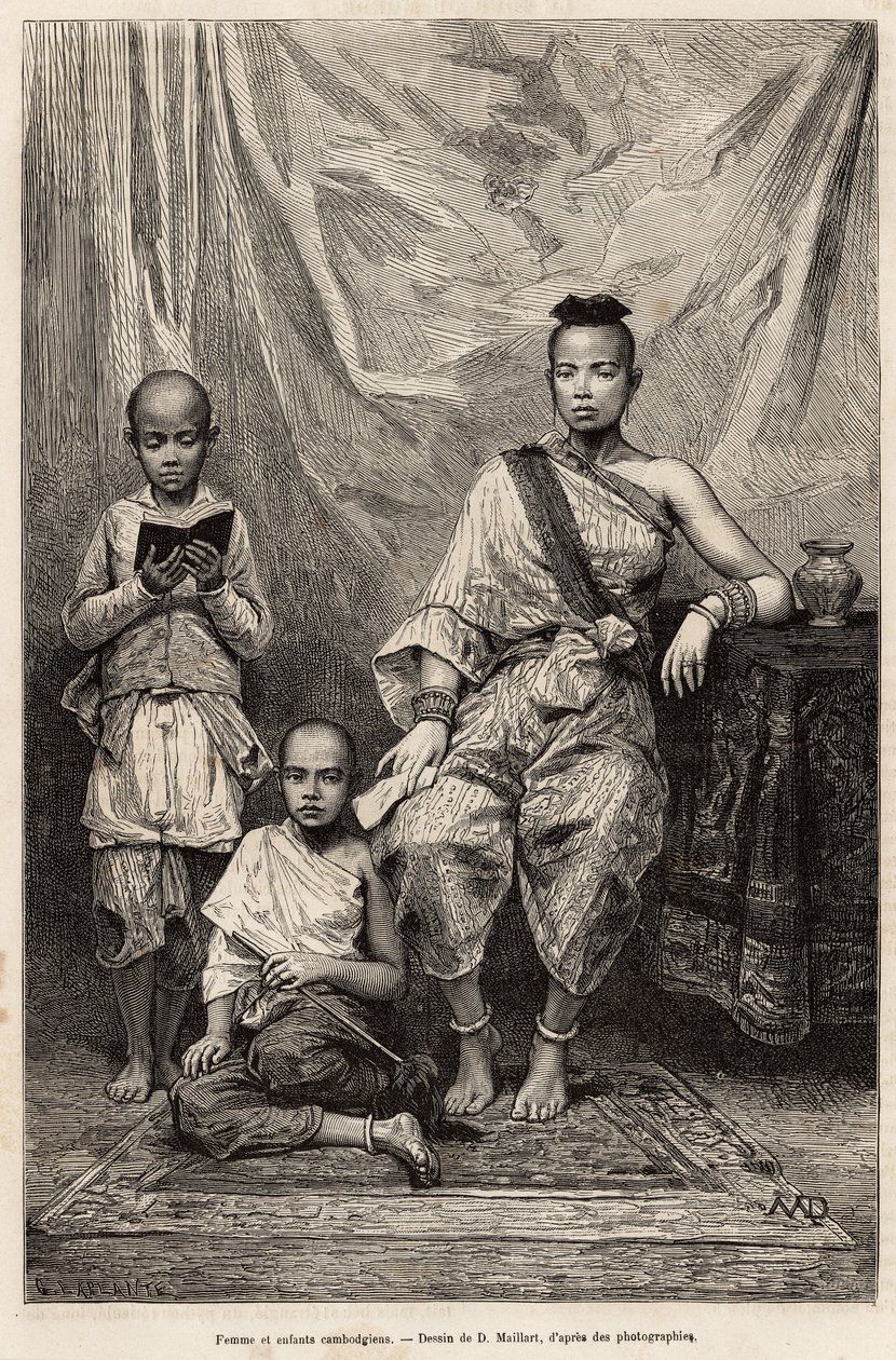 柬埔寨妇女和儿童，根据 D.Maillart 的一幅画雕刻，描绘了前往 Cochinchine 的航程，由 Morice 博士于 1872 年出版，发表于 1875 年的“Le tour du monde””，Edouard Charton 编辑，巴黎 Hachette 版。 塞尔瓦收藏。 作者 法语学校