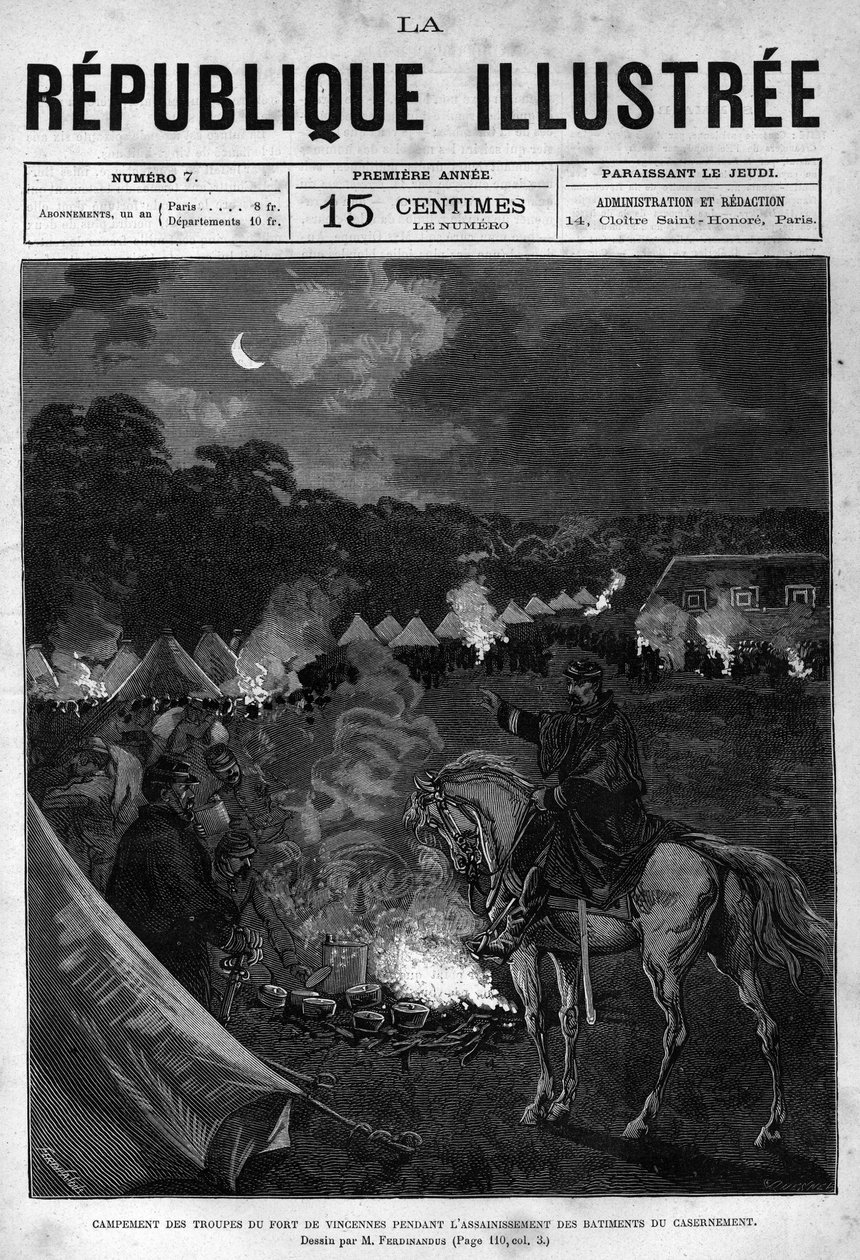 Camp of the troops of Fort de Vincennes during the cleanup of the quartering buildings. A newspaper. Engraving from 1880 in “La republique illustree”” private collection. 作者 法语学校