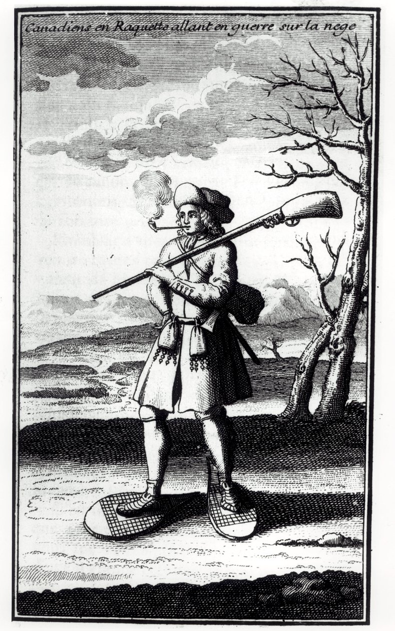 加拿大雪鞋在雪地上开战，来自1753年出版的Bacqueville de La Potherie（1663-1736）的Histoire de lAmerique septentrionale 作者 法语学校