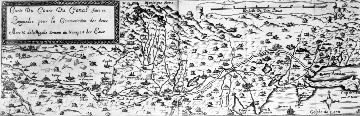 Canal du Midi运河，连接大西洋和地中海，从图卢兹出发，在阿格德之后，在Etang de Thau结束（bw照片为17th c。雕刻） 作者 法语学校