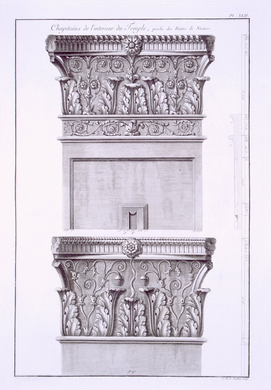 罗马浴场附近的寺庙的首都，尼姆，来自法国古迹：Vol I，Monuments de Nimes 作者 法语学校