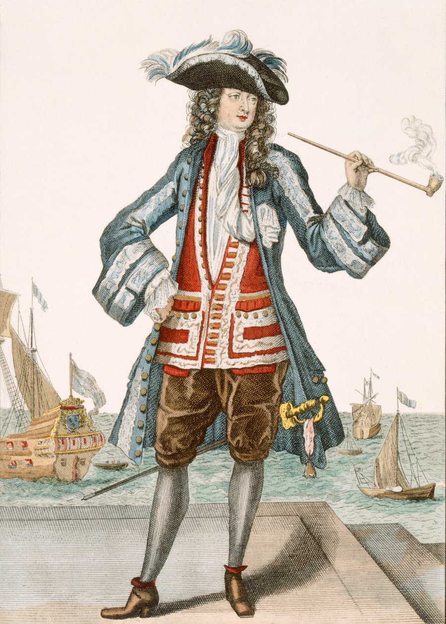 Dunkerque 88的Jean Bart船长：舰队的船长Le Capitaine Jean Baert de Dunquerque在码头上抽着长长的烟斗;让巴特（1651-1702），佛兰芒水手w 作者 法语学校