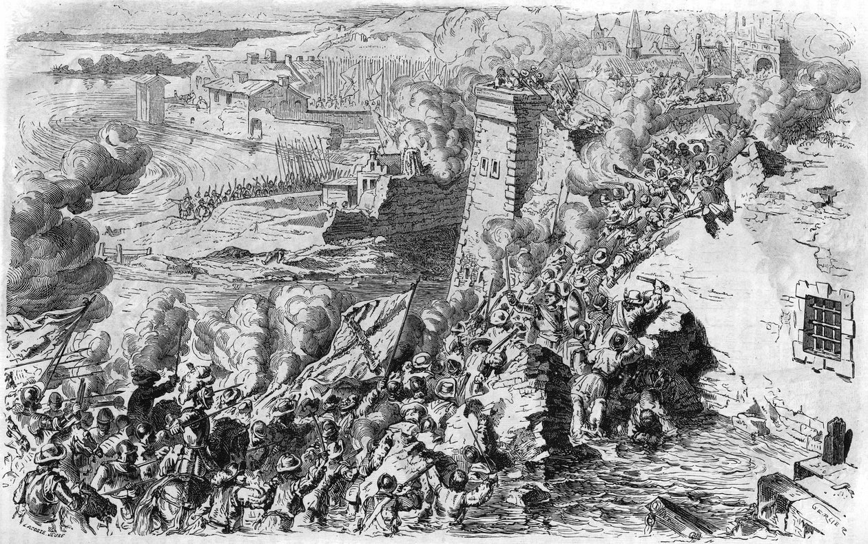 1590年法尔内塞攻占拉格尼，根据旧版画绘制。载于《法国人民史》，约1885年。雕刻。 作者 法语学校