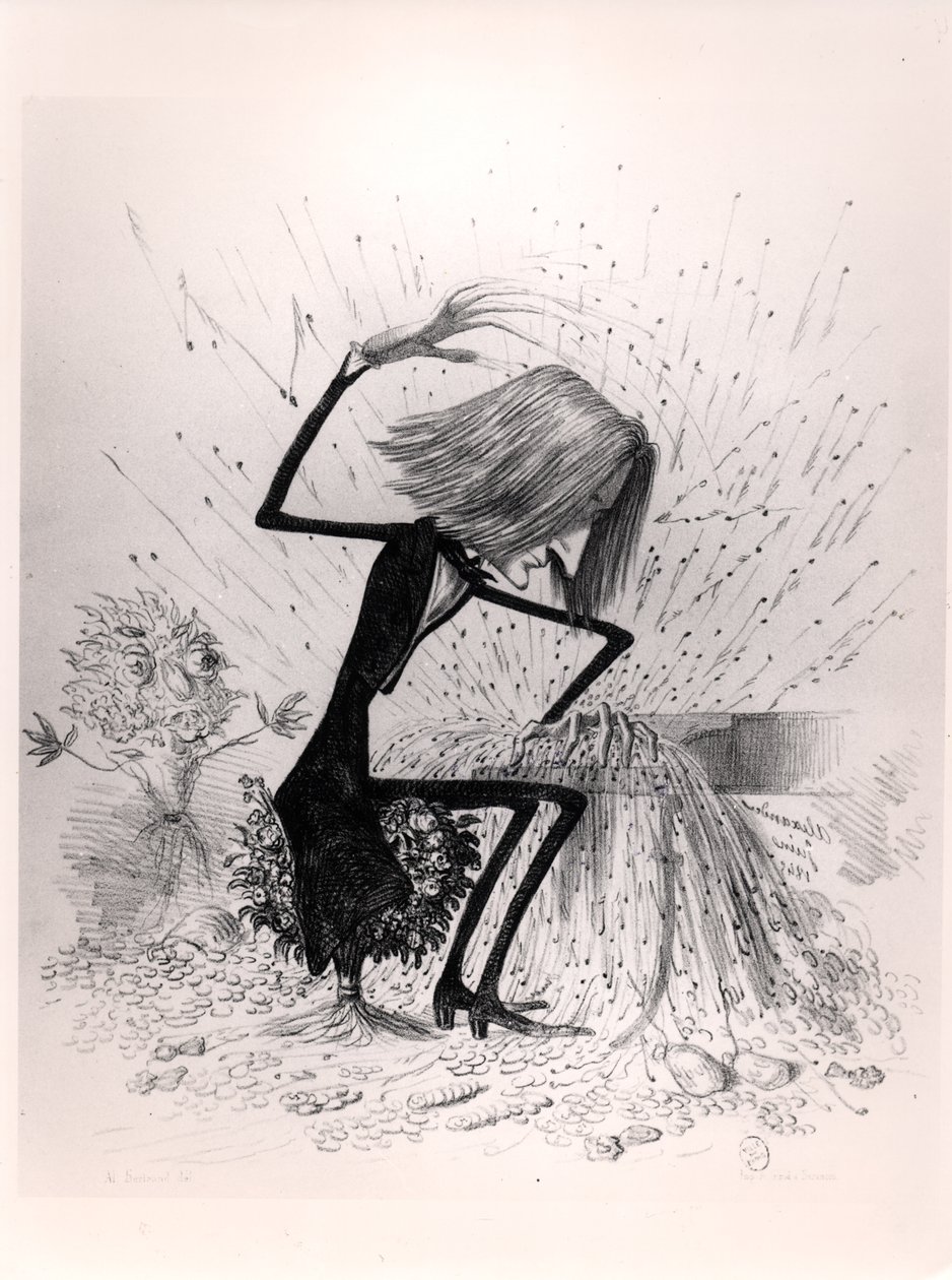 1845年，漫画描绘了弗朗茨·李斯特（1811-86）弹钢琴 作者 法语学校