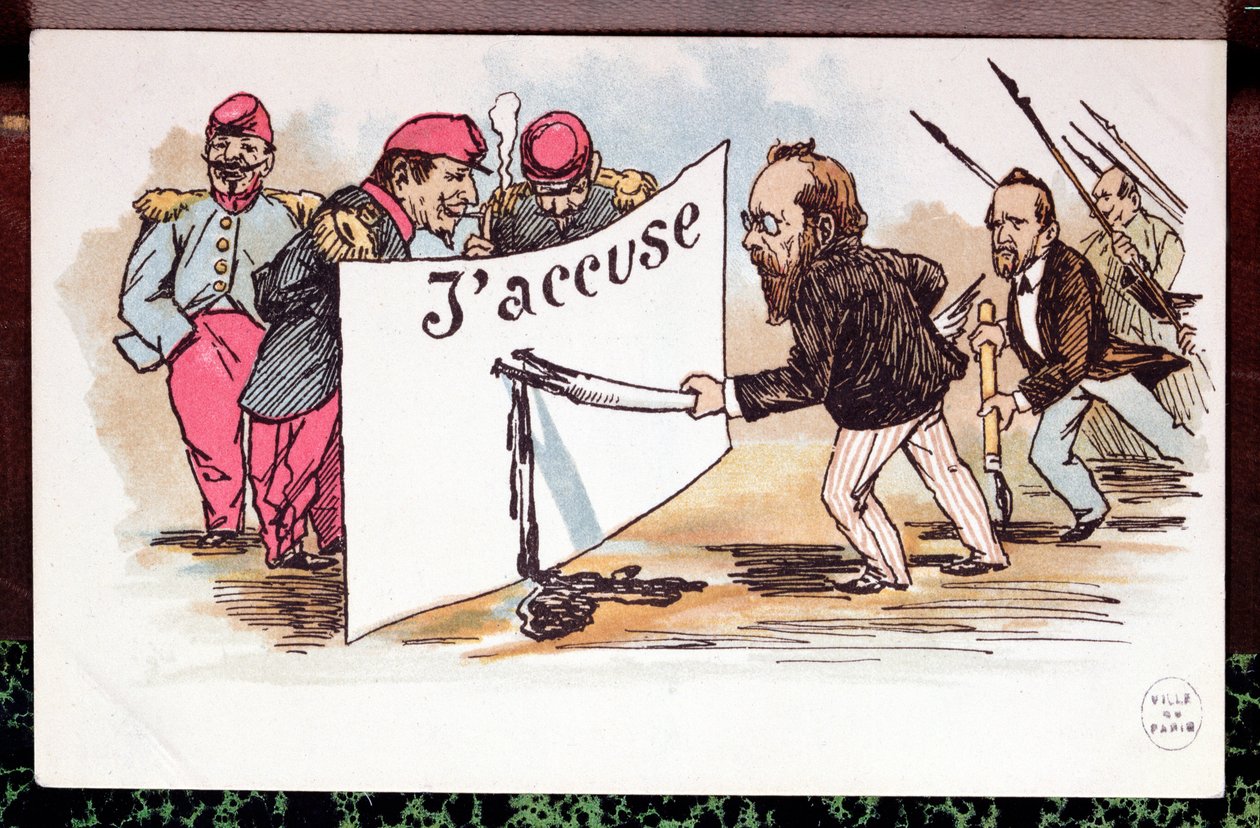 JAccuse的漫画，Emile Zola（1840-1902）为阿尔弗雷德·德雷福斯辩护的文章，1898年 作者 法语学校