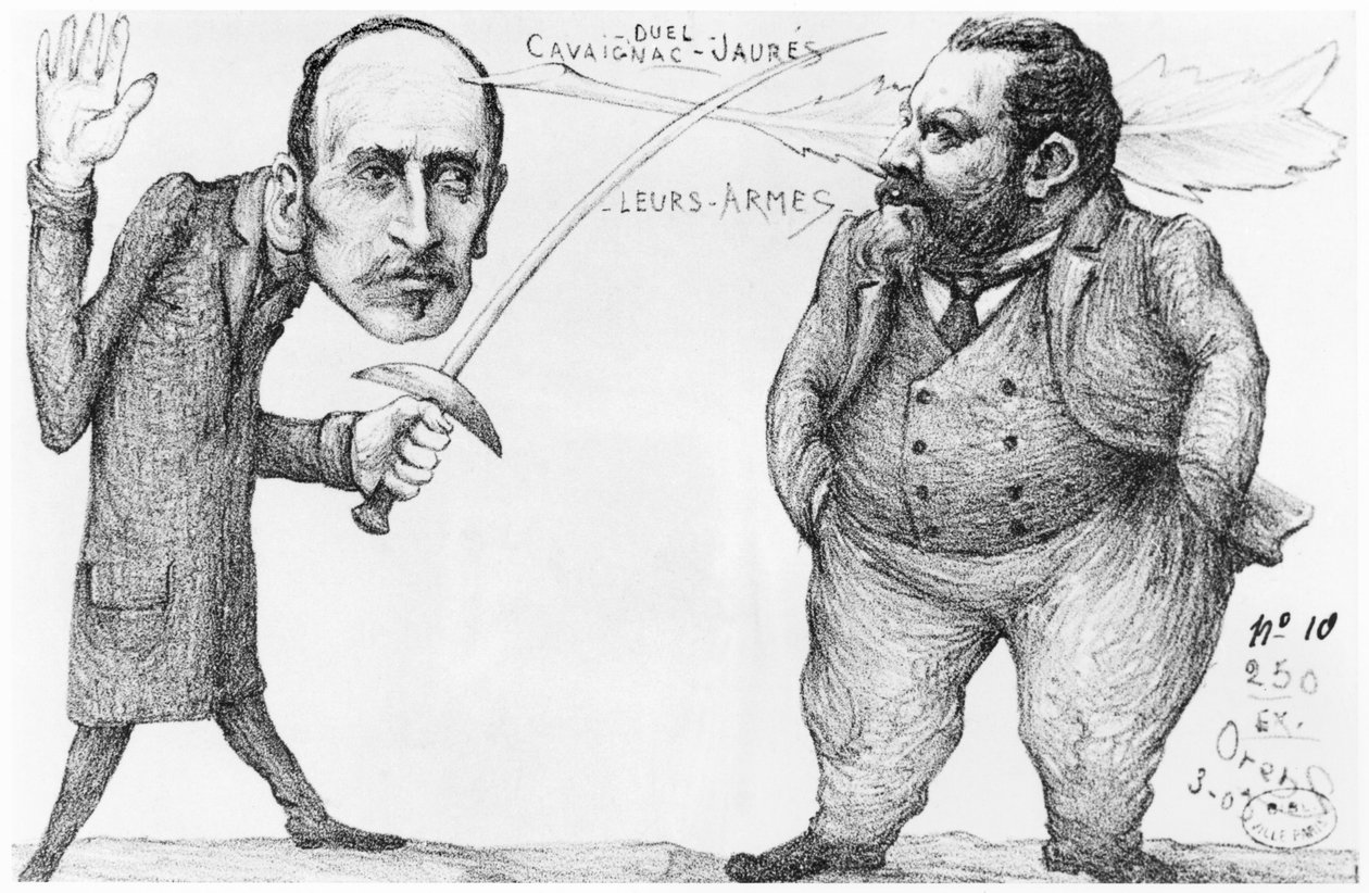 Godefroi Cavaignac（1801-45），战争部长和Jean Jaures（1859-1914）社会党领袖和和平主义者之间的决斗漫画，1898年 作者 法语学校