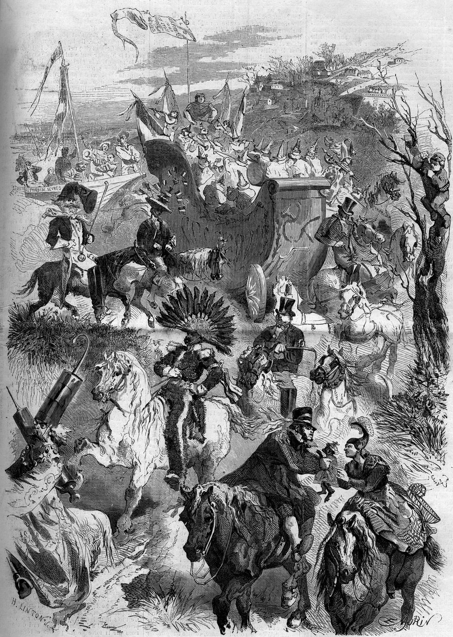 法国狂欢节，1859年3月8日：塞夫勒的化装舞会来到巴黎。1859年3月19日《世界画报》第100期上的版画。 作者 法语学校