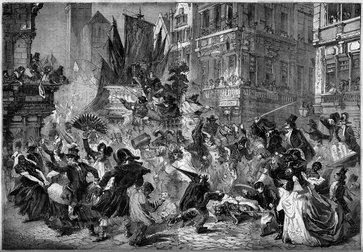 1860年安特卫普（比利时）街头的狂欢节场景。1860年3月3日《世界画报》第151期上的版画。 作者 法语学校