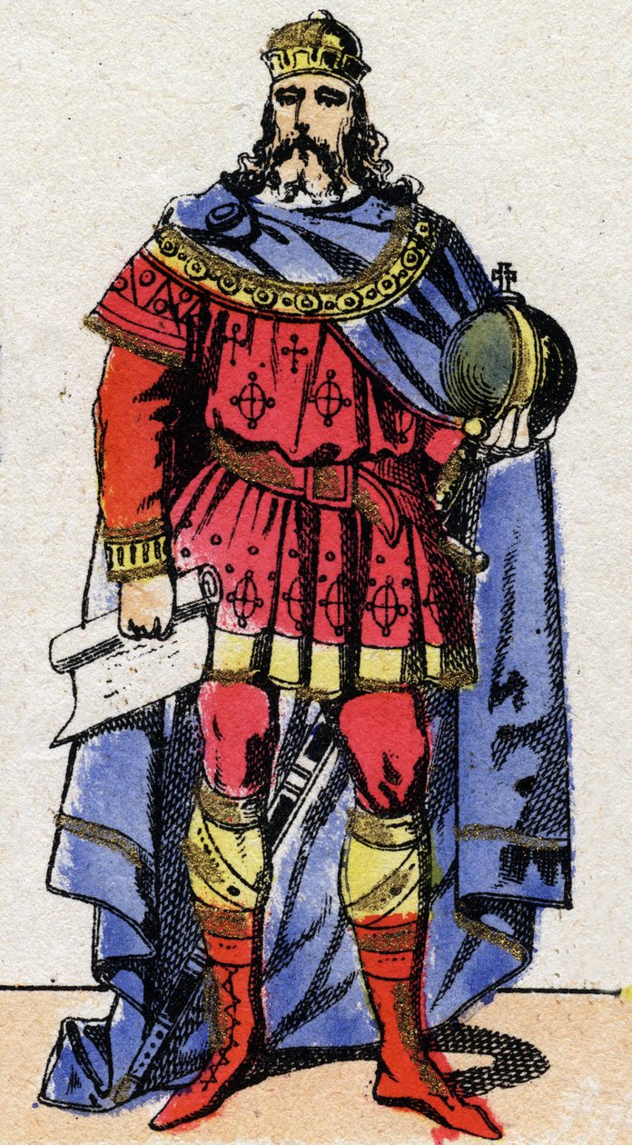 卡洛林王朝。查尔斯的肖像，被称为大帝或查理曼大帝（Carolus Magnus，742-814）800年至814年的皇帝。19世纪末的埃皮纳尔成像。私人收藏。 作者 法语学校