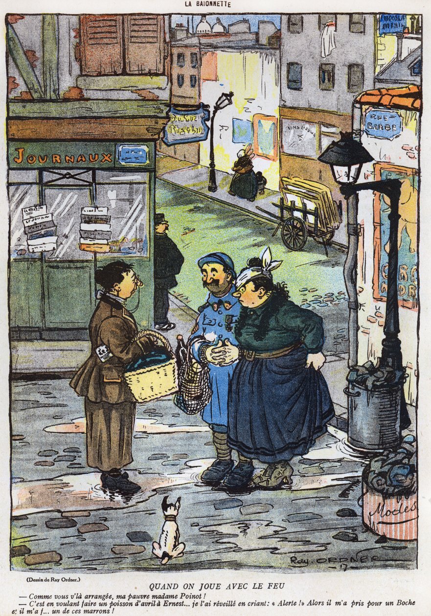 从1917年3月29日的La Baionette杂志的愚人节（Poisson dAvril）版开始，描绘妻子结果的卡通试图对她的丈夫玩耍 作者 法语学校