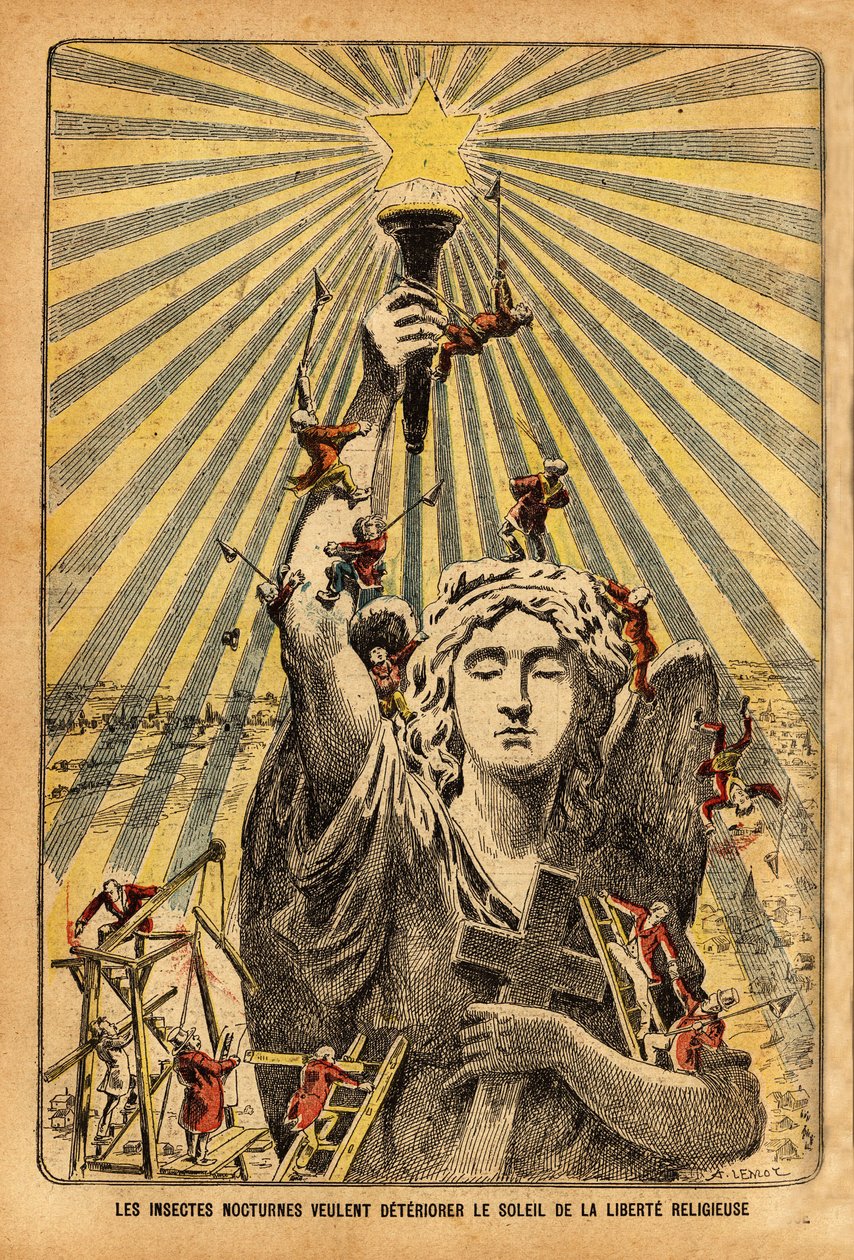在 20 世纪初激荡法国的政治辩论中，教会的漫画 "夜行虫想让宗教自由的阳光更加暗淡"。 作者 法语学校