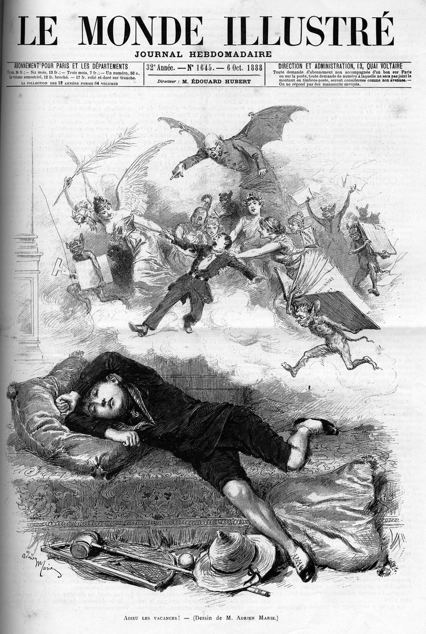 1888年，一个年轻的小学生从假期结束临近班级出租的时候斥责的漫画。 作者 法语学校