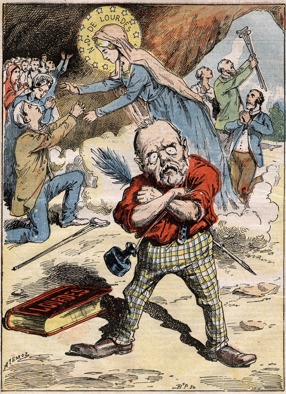 作家埃米尔-左拉（Emile Zola，1840-1902）的漫画，他对卢尔德的信徒们的奉献精神感到困惑，尽管他在小说《卢尔德》中表达了对这个主题的批评。8月30日在《Le Pelerin》杂志上的版画 作者 法语学校
