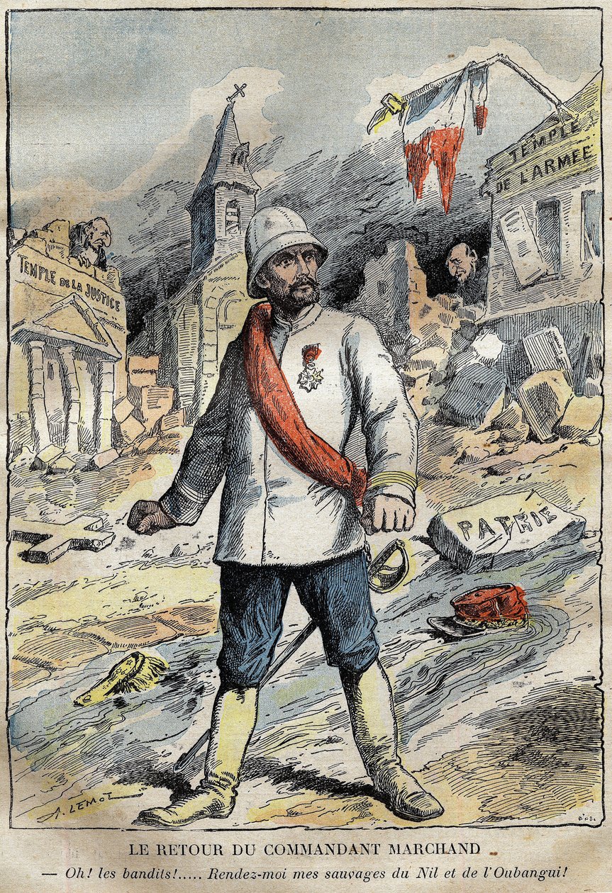 关于指挥官让-巴蒂斯特（Jean Baptiste）-马尚（1863-1934）的漫画，在土伦，从非洲的勘探任务（1896-1899）返回。1899年6月4日 "Le Pelerin "上的雕刻。 作者 法语学校