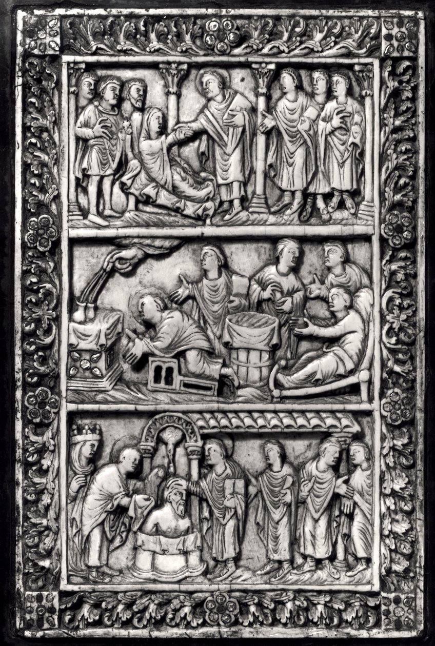 用于书籍封面的雕刻牌匾，描绘了圣雷米吉乌斯（c.437-533）的生活场景和克洛维斯一世（465-511）的洗礼 作者 法语学校