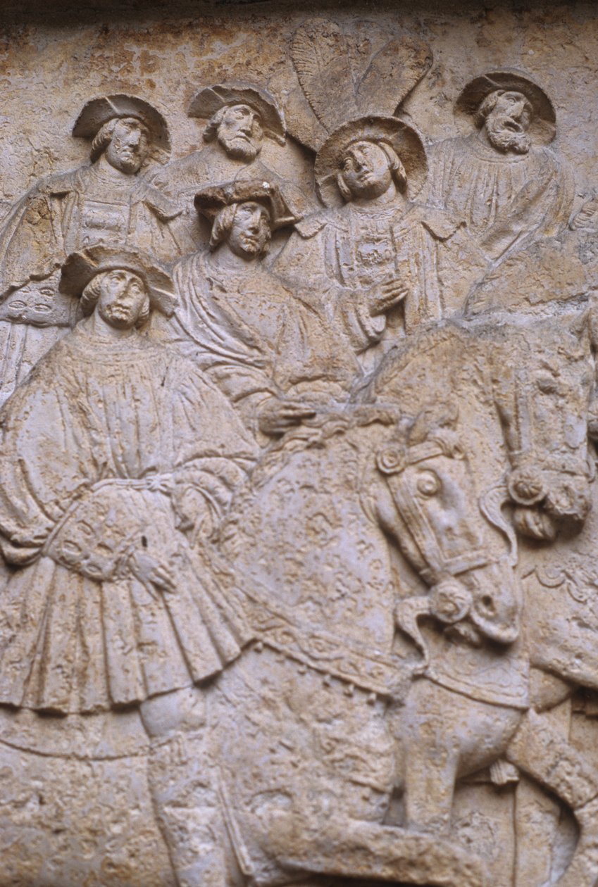 内部庭院雕刻的石头浮雕描绘了金色布料领域，来自Hotel de Bourgtheroulde，Rouen，Normandy，1501-37 作者 法语学校