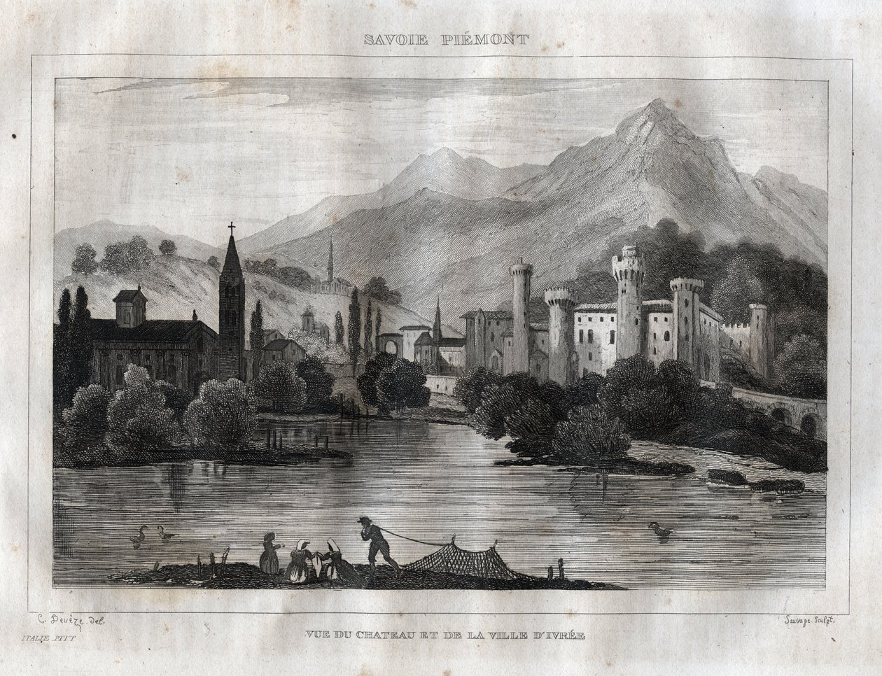 伊夫雷亚城堡--Castello di Ivrea--来自M. de Norvins, Ch. Nodier 1834-1836的 "意大利风景画 "的版画。 作者 法语学校
