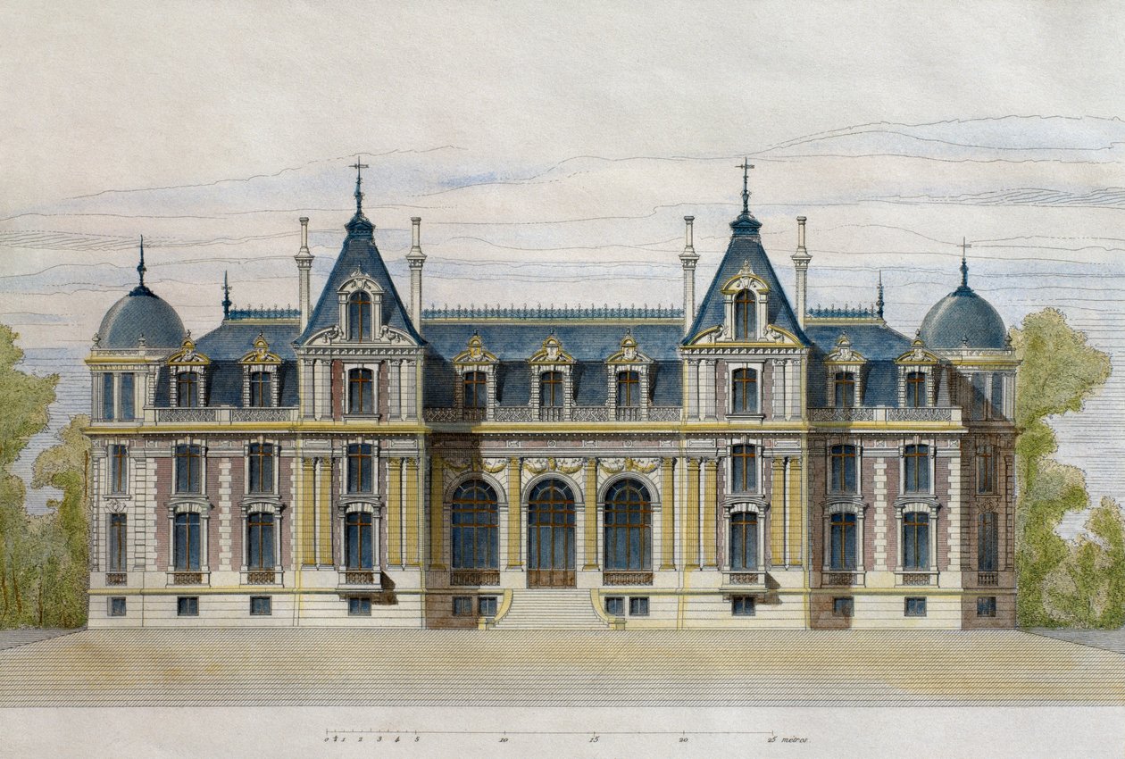 Neuflize城堡属于佩特兄弟，花园门面，插图来自Le Moniteur des architectes，1884年，由F. Penel雕刻（彩色雕刻） 作者 法语学校