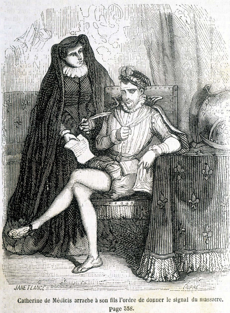 凯瑟琳-德-美第奇（Caterina de Medici）从她的儿子（查理九世）那里撕下命令，发出1572年屠杀圣巴特勒米的信号--见L.-P.的《法国史》。安凯尔 作者 法语学校