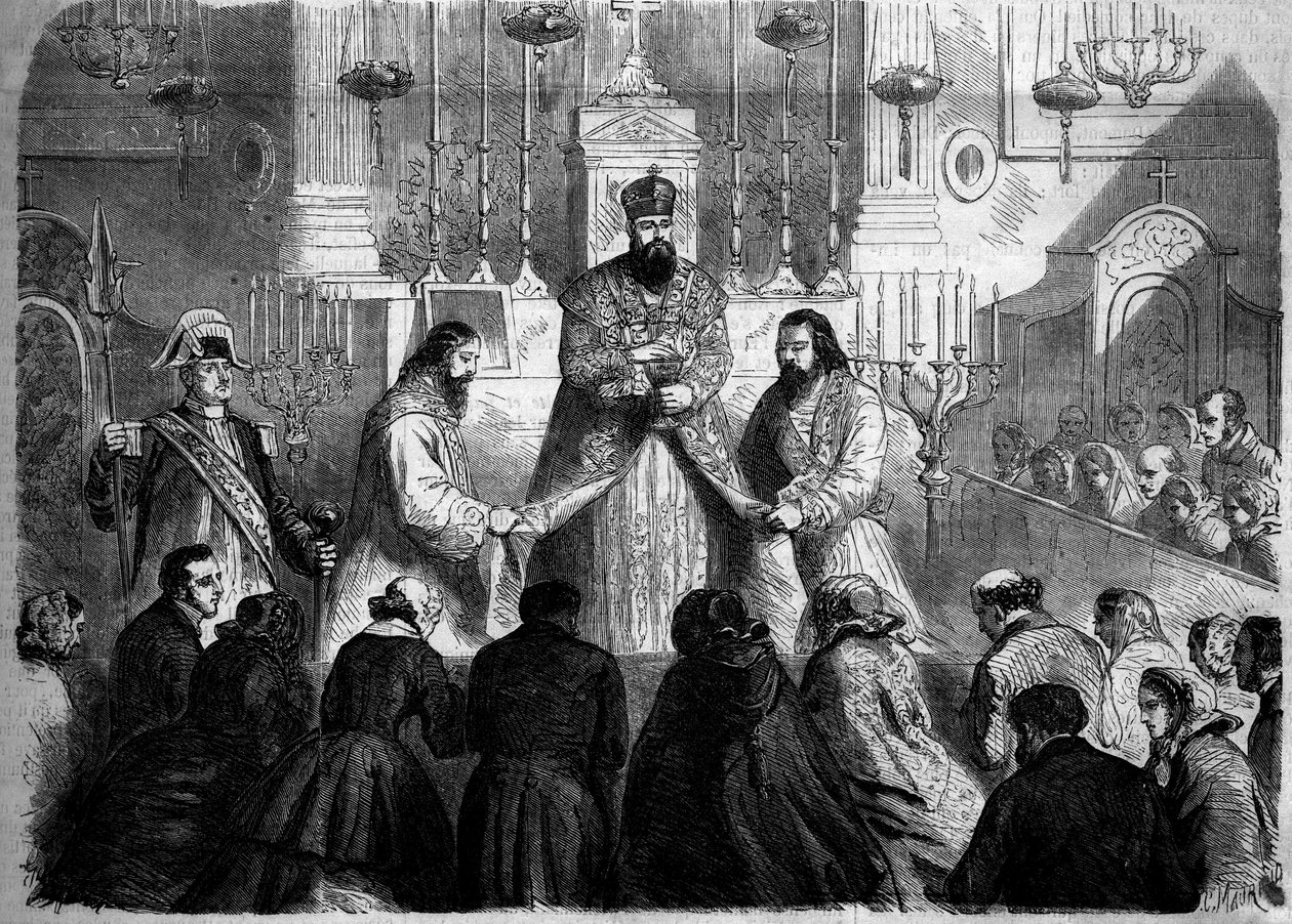 天主教仪式--弥撒--1860年1月26日。在巴黎的维克多尔圣母院教堂，机械师的上司根据亚美尼亚仪式举行的弥撒。1860年2月4日《世界画报》第147期上的版画。 作者 法语学校