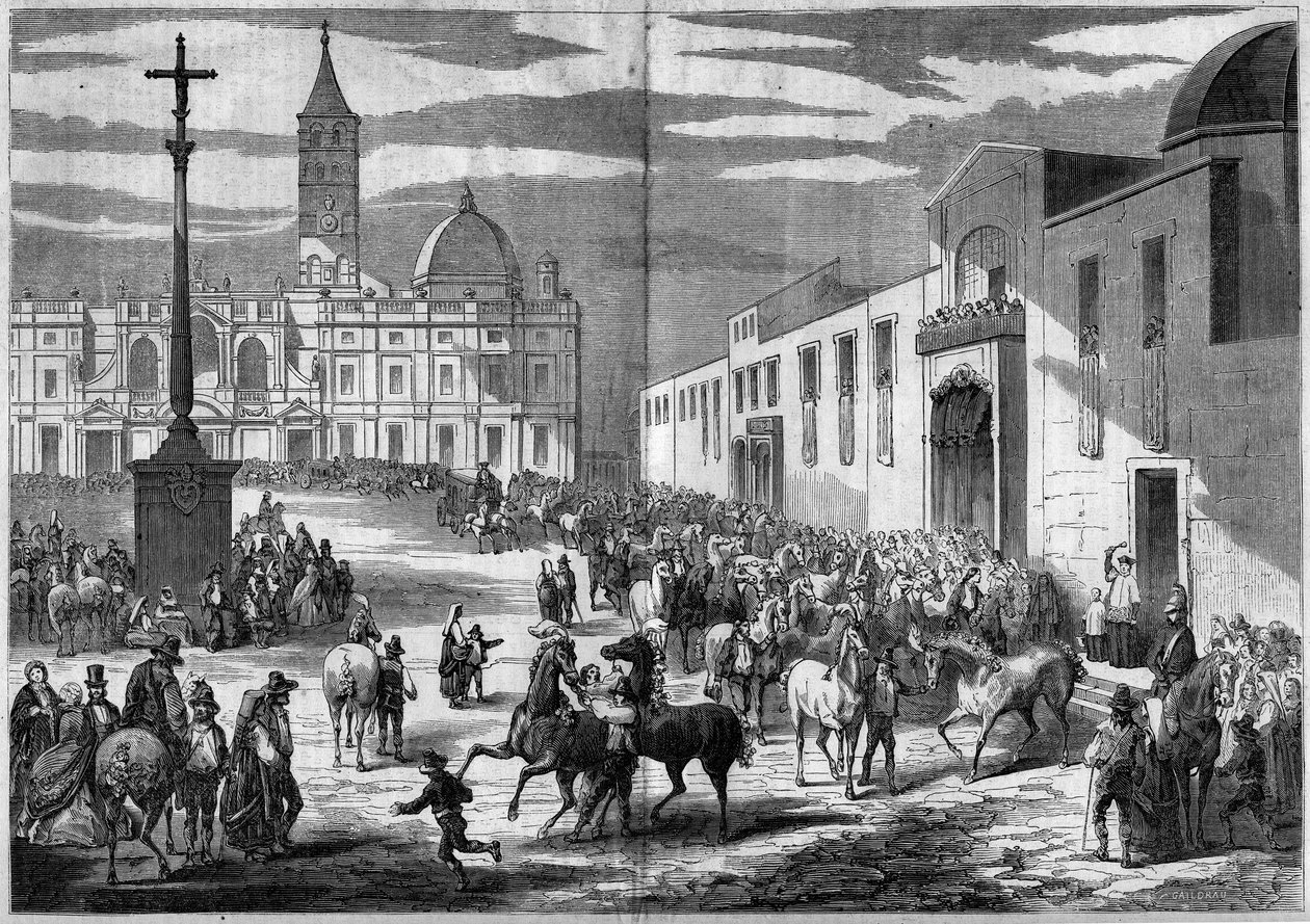 天主教的节日--圣安东尼：1859年1月在意大利罗马的圣玛丽亚马焦雷（Santa Maria Maggiore）教堂的广场上为马匹祝福。在教堂前面，有一根花岗岩柱子，上面有一个十字架（1595年），纪念亨利的皈依 作者 法语学校