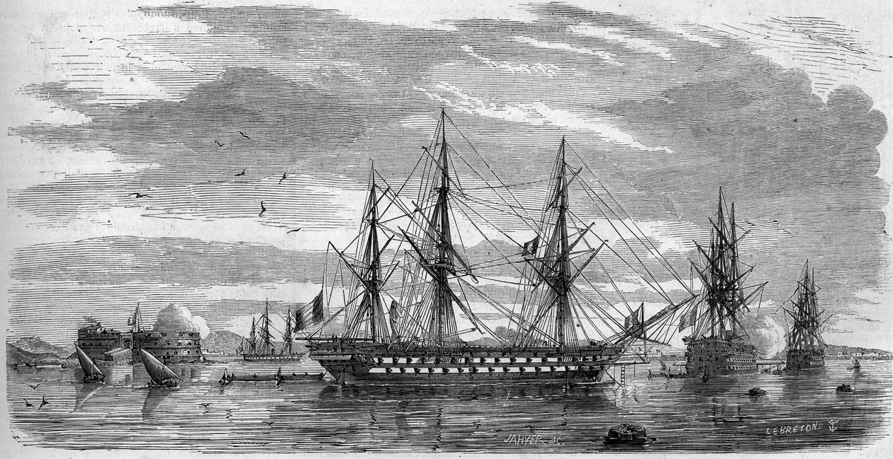 Catholic fete: Good Friday (Holy Friday) in Toulon (Var, 83) in 1858. The ships have their rods in cross and their flags with half halyards as a sign of mourning. Engraving in “” Le Monde Illustré”” n°53 of 17 April 1858. 作者 法语学校