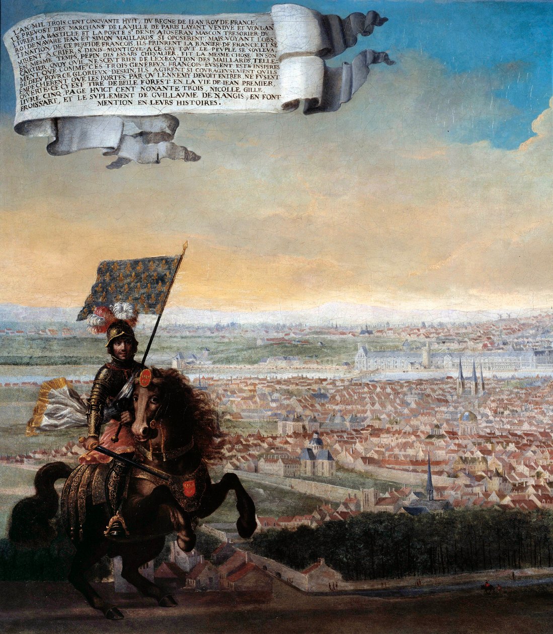 Cavalier view of Paris from the Faubourg Saint Jacques Commemoration of the defence of Paris by Chancellor Pepin des Essarts after the betrayal of Etienne Marcel, in 1358. Detail. Painting of the French School. 1640 Sun. 0,96x1,92 m Paris, Musee Carnavalet 作者 法语学校