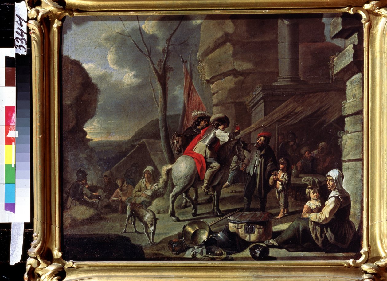 "酒馆里的骑士》（Cavaliers arrivant a une auberge sur la route），乞丐站在入口前。17 世纪下半叶的法国学院派绘画。莫斯科普希金博物馆 作者 法语学校