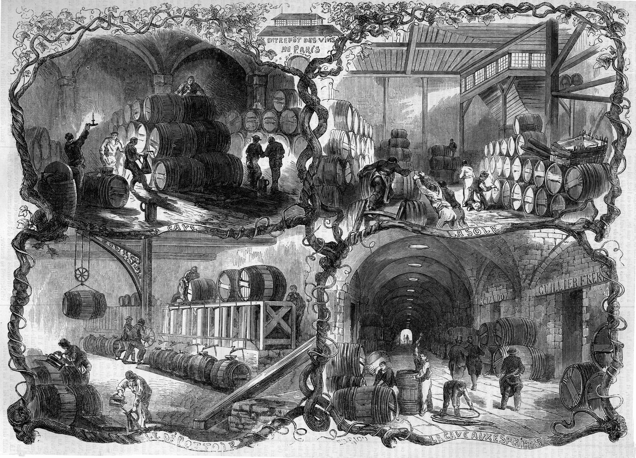 巴黎的葡萄酒和矿泉水仓库的酒窖；1858年。1858年2月27日《世界画报》第46期上的版画。 作者 法语学校