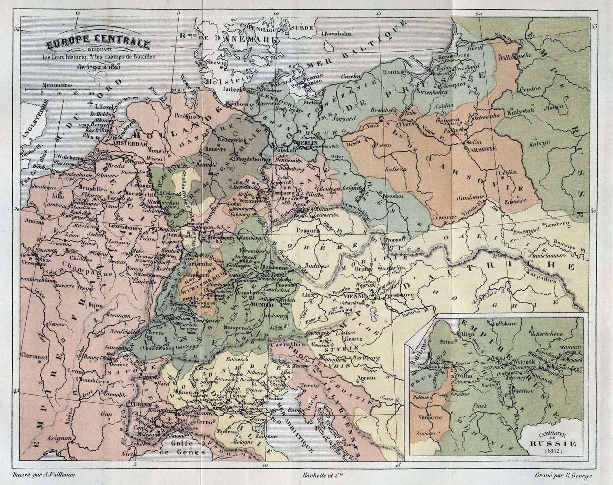 Central Europe showing the historic sites and battlefields of 1792-1813 - Central Europe indicating historic sites and battlefields from 1792 to 1813 - engraving in “Histoire de France” by Victor Duruy (1811-1894) - 1882 作者 法语学校