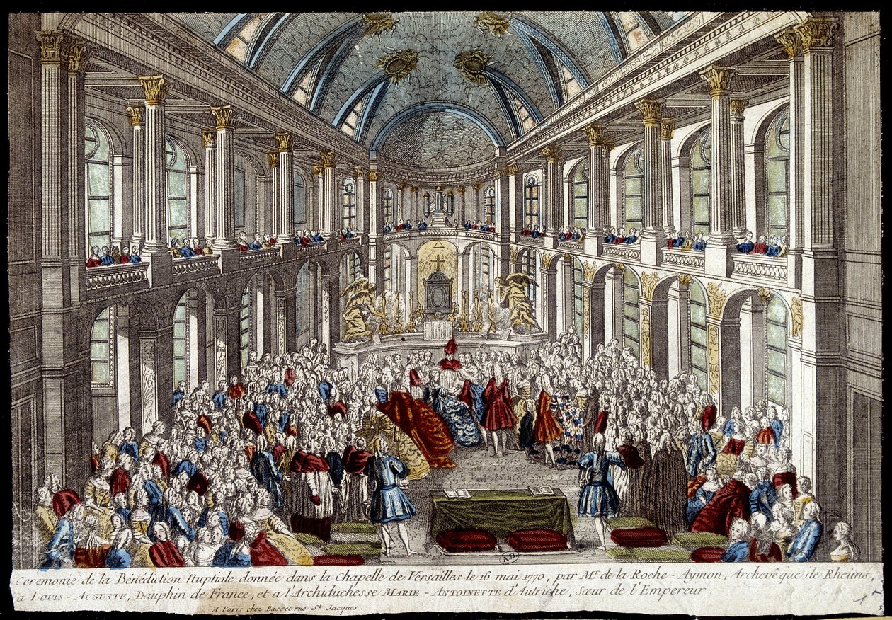1770 年 5 月 16 日，法国海豚路易·奥古斯特 (Louis XVI) 和奥地利的玛丽·安托瓦内特 (Louis Auguste) 在凡尔赛教堂举行的新娘祝福仪式 - 雕刻 作者 法语学校