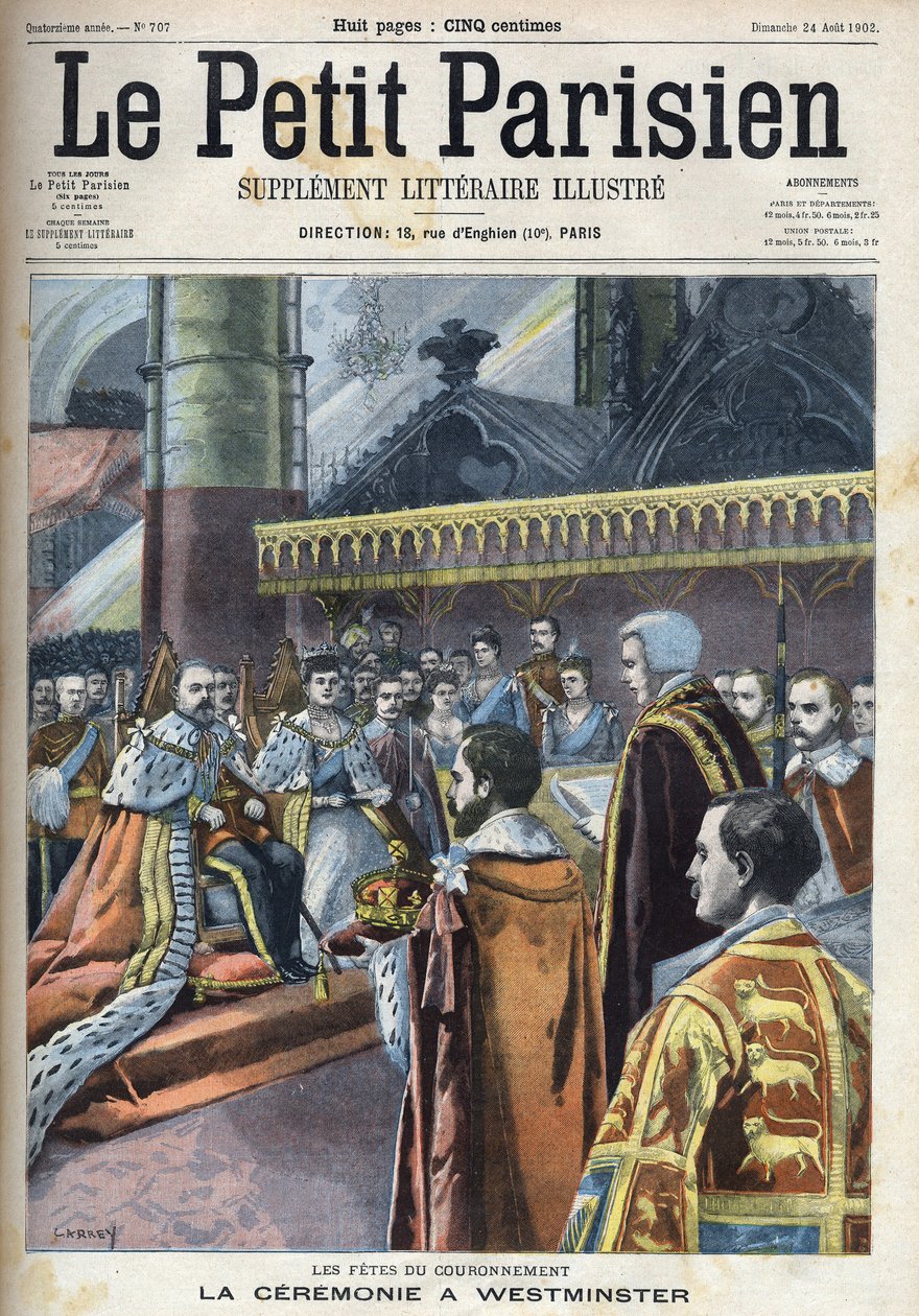 在威斯敏斯特举行的加冕仪式。国王爱德华七世（1841-1910）和丹麦的亚历山德拉（1844-1925），载于 "小巴黎人"。 作者 法语学校