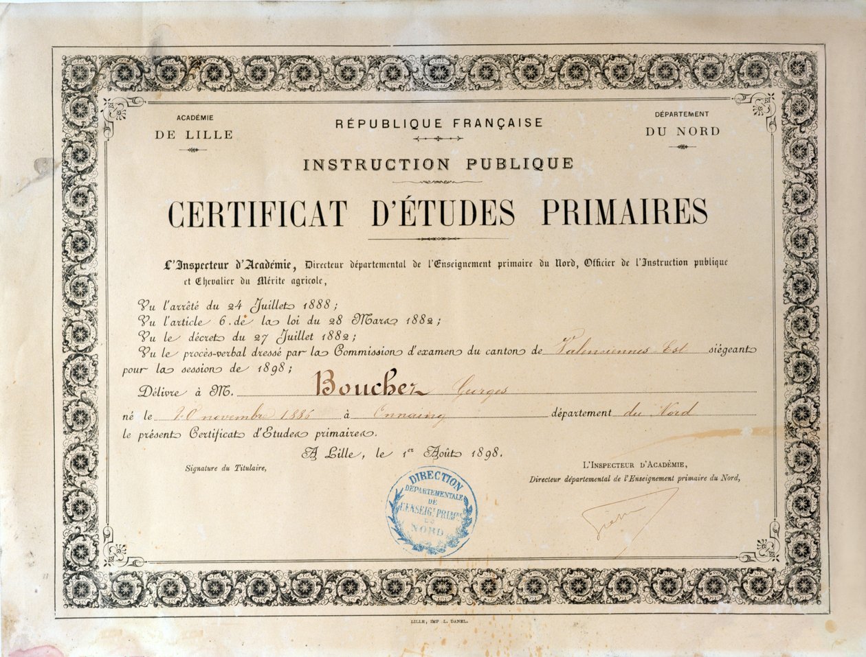 1898年里尔学院小学教育证书（纸上墨水） 作者 法语学校