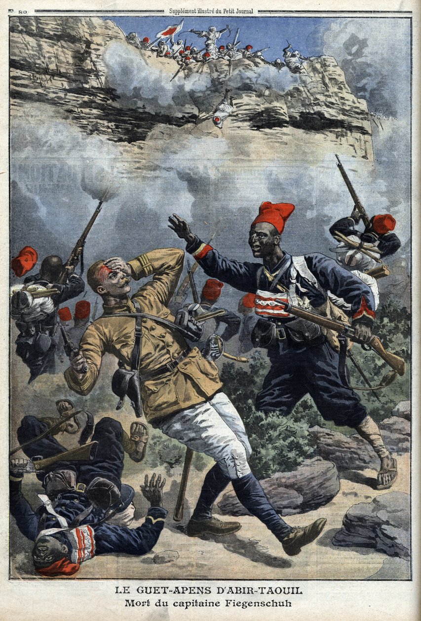 乍得，在阿比尔陶伊尔（Abir-Taouil）的伏击，费根舒上尉的死亡，插图来自《小报》，插图补编，1910年3月6日 作者 法语学校