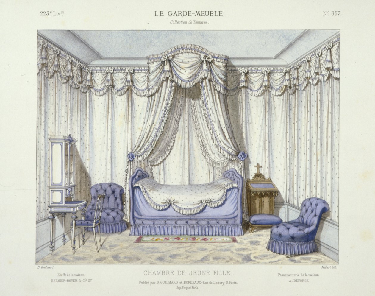 Chambre de Jeune Fille，选自 Le Garde-Meuble，巴黎，约 1890 年（彩色石版印刷）。巴黎，约 1890 年（彩色石版画） 作者 法语学校