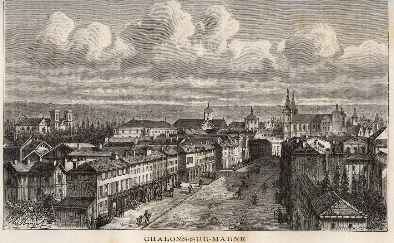 Champagne-Ardenne (Champagne Ardenne), Marne (51), Chalons sur Marne (Chalons-sur-Marne) (现在的Chalons en Champagne, Chalons-en-Champagne) - 雕刻在V.A. Malt-Brown的 "France illustree: geography, history, statistical administration" 中。 1884年 作者 法语学校