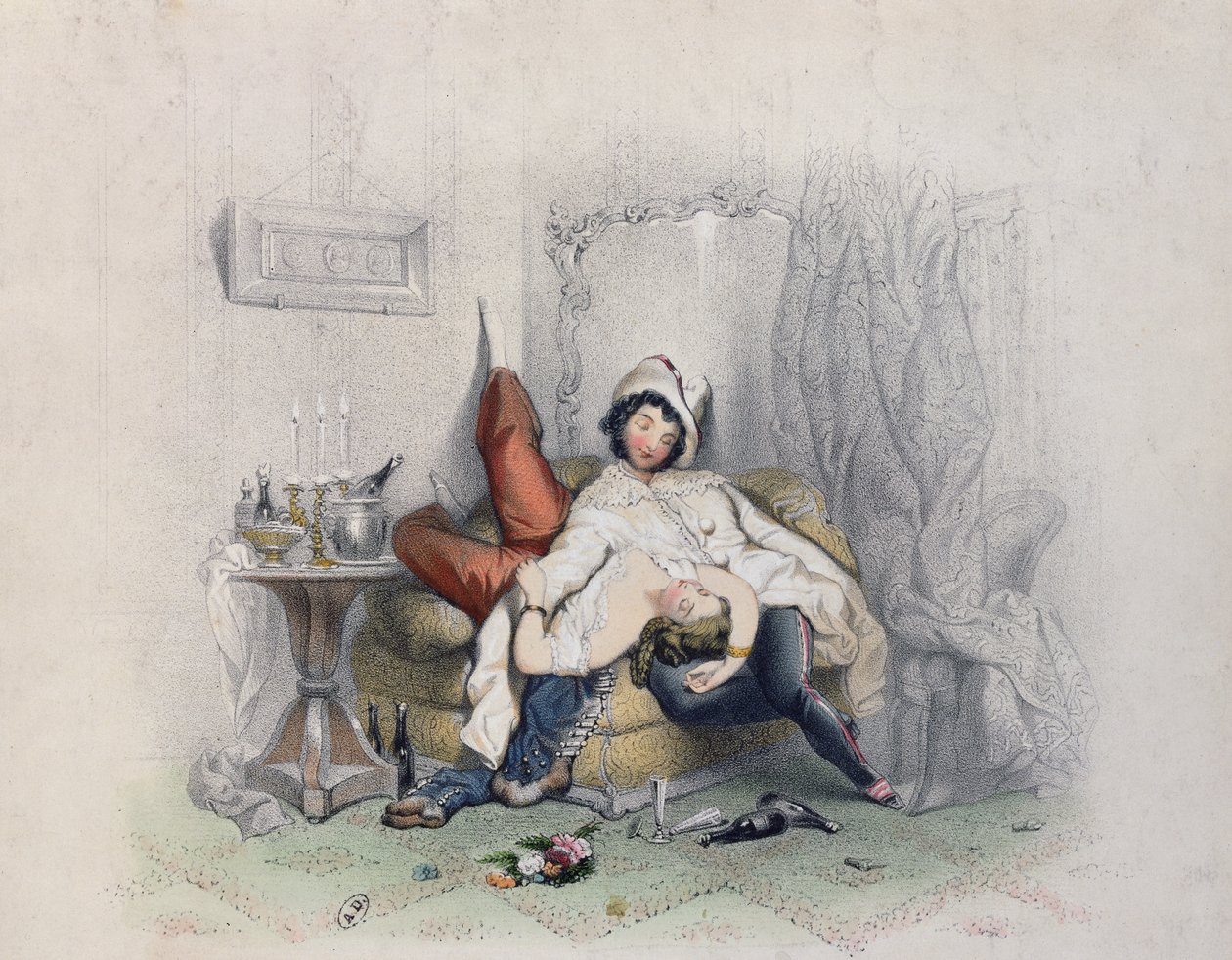 Champagne＆Love，一对情侣在他们的第六瓶香槟后睡着了，由Bettannier Freres雕刻，巴黎，1852年 作者 法语学校