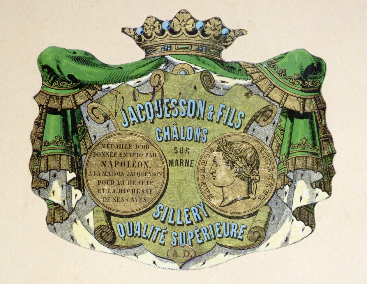 Jacquesson & Fils, Champagne Sillery Marque的香槟酒标签，19世纪中期（彩色平印）。 作者 法语学校