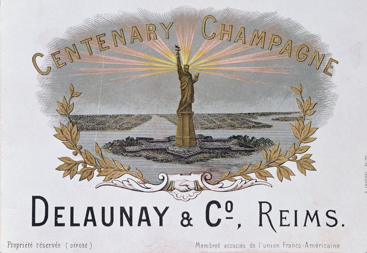 来自Delaunay＆Co。的房子的香槟标签庆祝美国独立一百周年并描绘自由女神像，c.1876 作者 法语学校