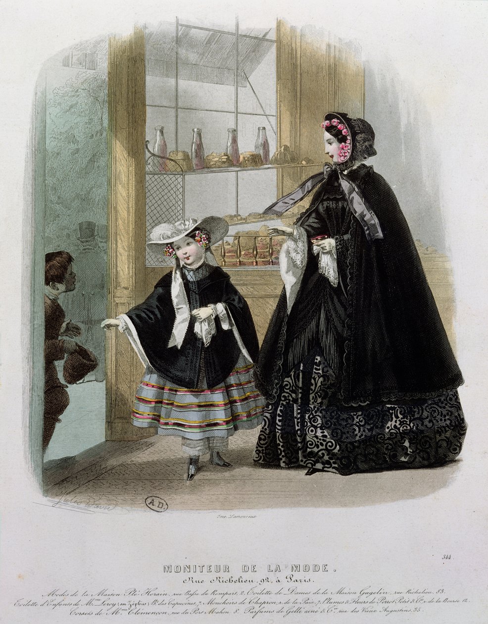 法式蛋糕店的慈善事业，1852年Moniteur de la Mode的插图（彩色雕刻） 作者 法语学校