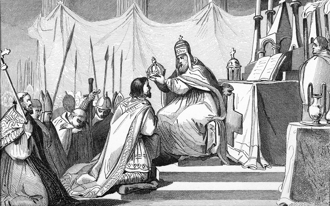 Charlemagne（742-814）由教皇利奥三世（c.750-816）于12月25日在圣彼得大教堂罗马举行，来自Colart的“Histoire de France”，出版于1840年 作者 法语学校