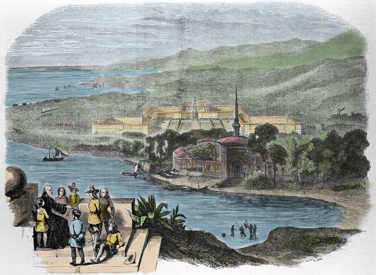 查尔斯-傅立叶（1772-1837 年），法国社会主义理论家：1848 年的法兰斯泰尔理想形象版画。 作者 法语学校