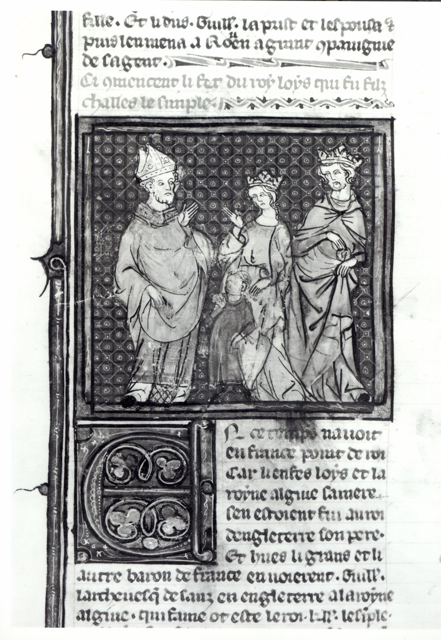 查理三世（879-929）简单与他的妻子和他的儿子路易四世（921-954），Grandes Chroniques de France，1375-79 作者 法语学校