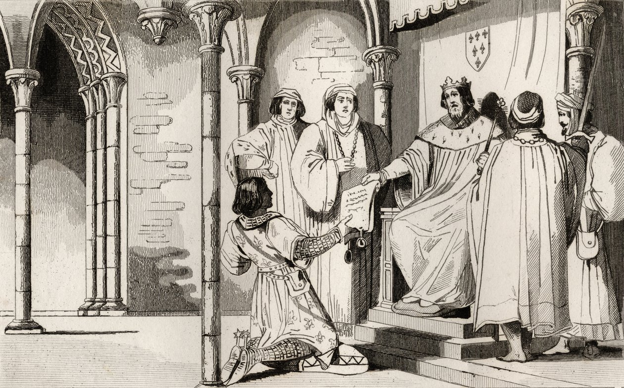查理四世（1294-1328）英国人在法院接受了一项辩护，来自Colart的&39;Histoire de France&39;，出版于1840年（版画） 作者 法语学校