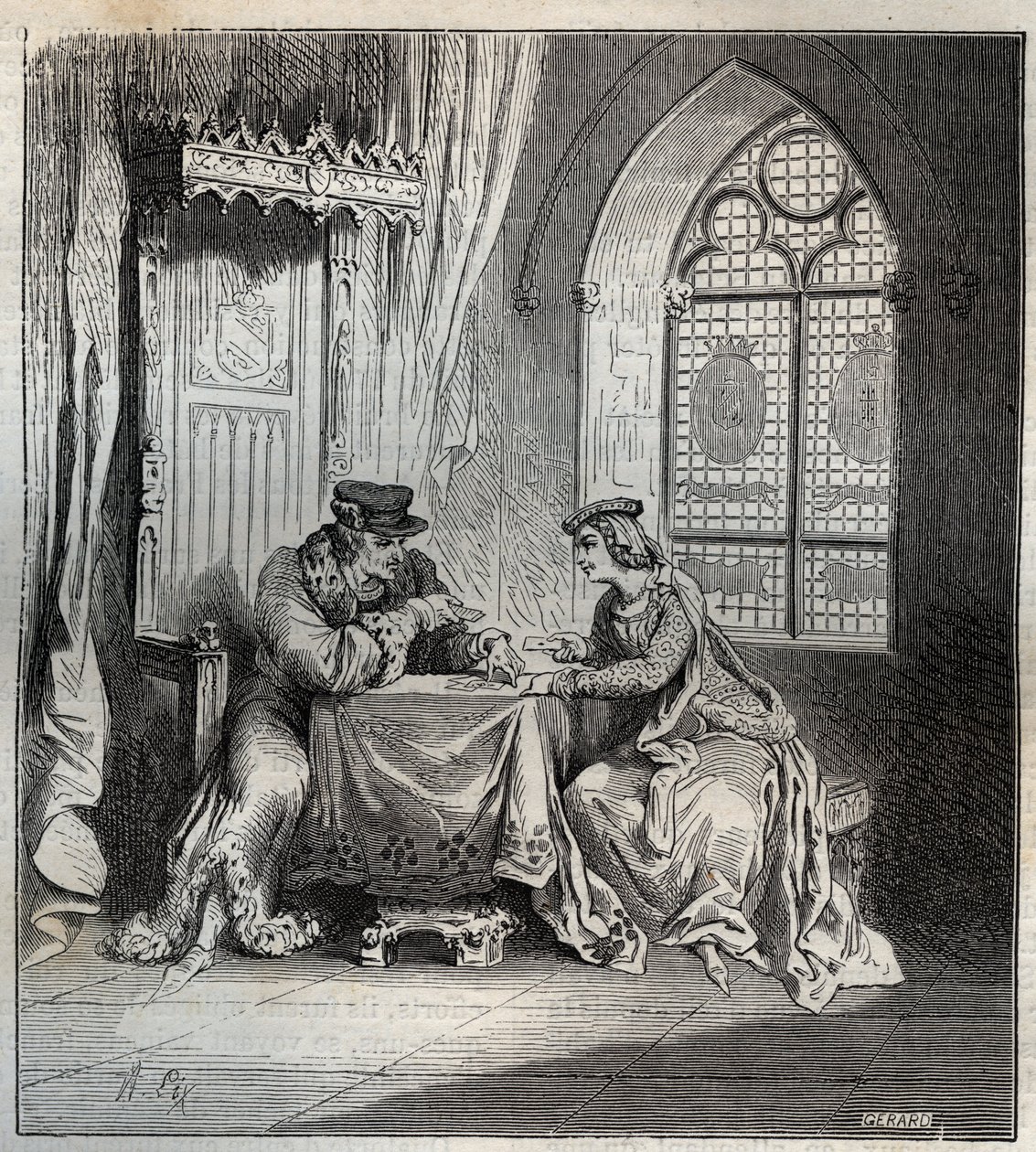 Charles VI (1380-1422) and Odette de Champdivers - King Charles VI of France, known as Charles the Good Aime, then Charles the Fol (1368-1422) with his mistress Odinette (Odette) de Champdivers (circa 1390-around 1425) playing cards engraving in “Paris a t 作者 法语学校