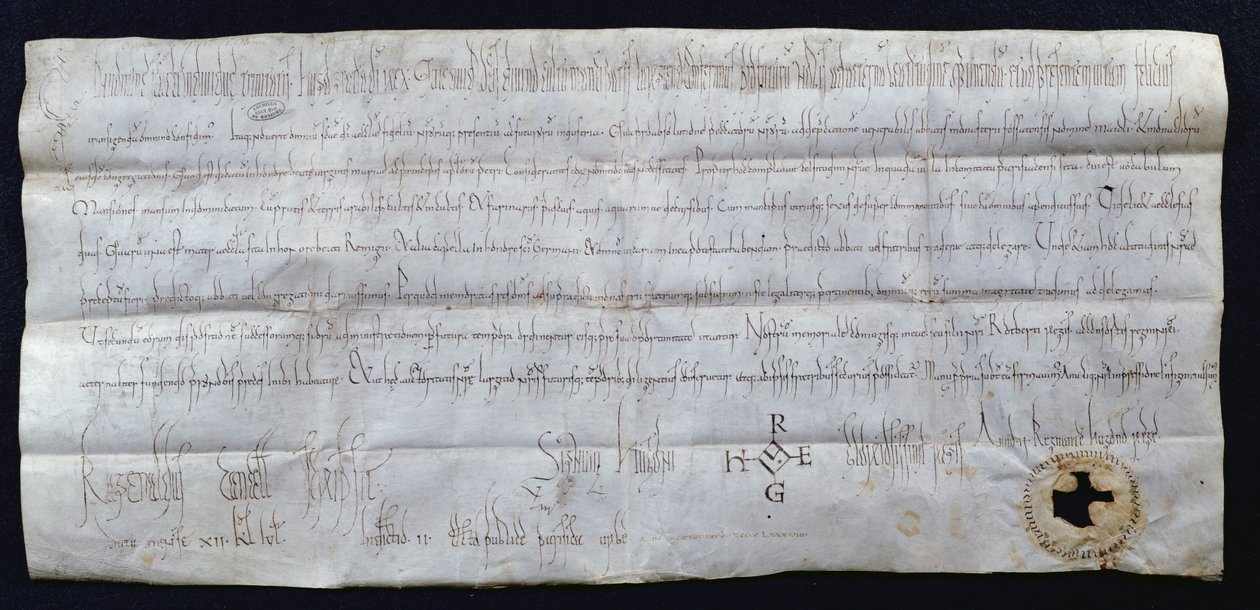 由Hugues I Capet签署的宪章（941-996），法国国王，988（笔和纸上的墨水） 作者 法语学校